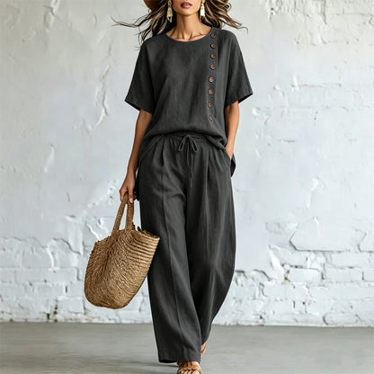 🎨【S-3XL】🌺【Set tričko + kalhoty s širokými nohavicemi】Módní ležérní set vyrobený z bavlny a lnu, pohodlný a prodyšný, dostupný v několika barvách.