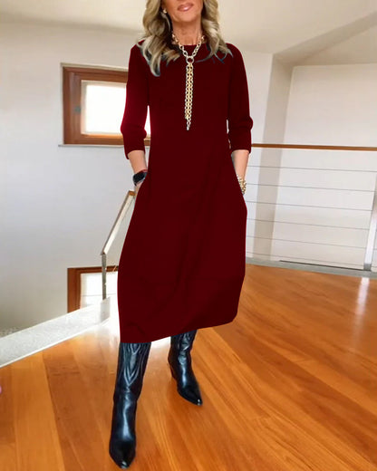 👗【S-5XL】Elegante vestido de algodón de color liso con mangas largas 4183538
