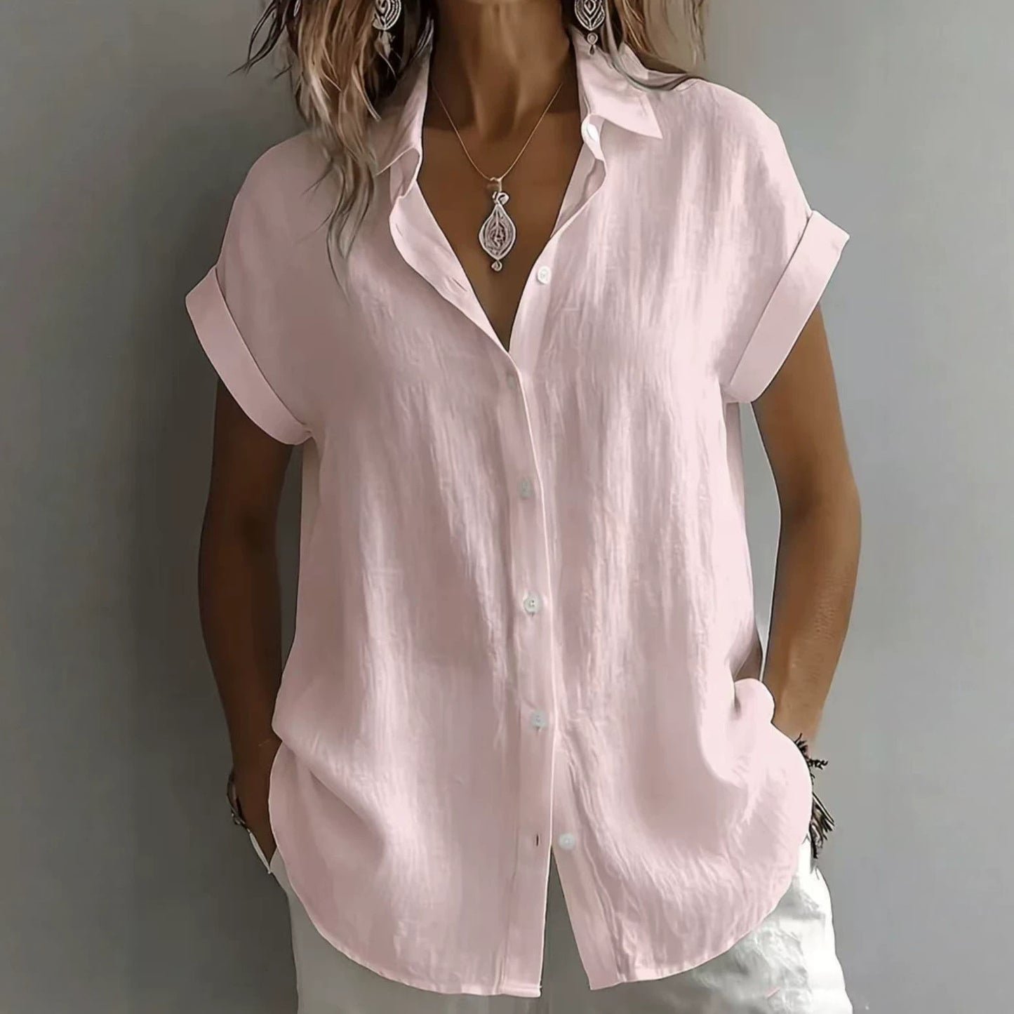 💃 S–2XL, Dámská jednobarevná lněná košile s límečkem a krátkým rukávem pro volný čas