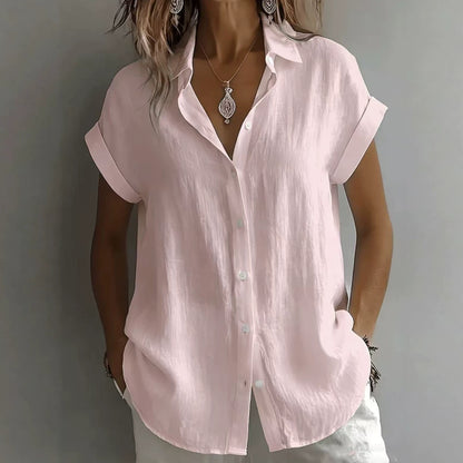 💃 S–2XL, Dámská jednobarevná lněná košile s límečkem a krátkým rukávem pro volný čas