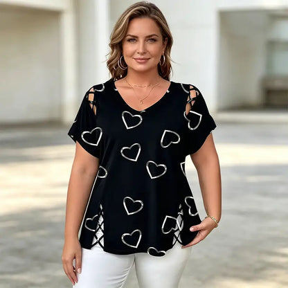 👚【S-5XL】V-nyakú póló szívecskés áttöréssel – stílusos és egyedi!