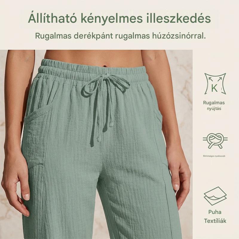 🌸【50% kedvezmény】Női egyszínű, ráncolt pamut-len hosszú (7/8-as) nadrág