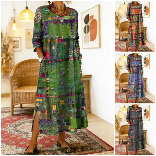 ✨ Poslední den slevy 50 %!【S-5XL】Letní retro šaty s kulatým výstřihem a potiskem, lehké a prodyšné, zeštíhlující a snadno kombinovatelné.