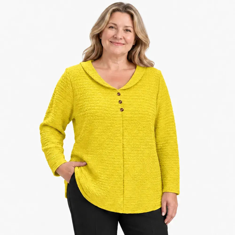 💖💖【XL-5XL】💖 Nový dámský jednobarevný top ve větších velikostech se zapínáním na knoflíky, vyrobený z texturovaného, plisovaného materiálu a doplněný kulatým límečkem.