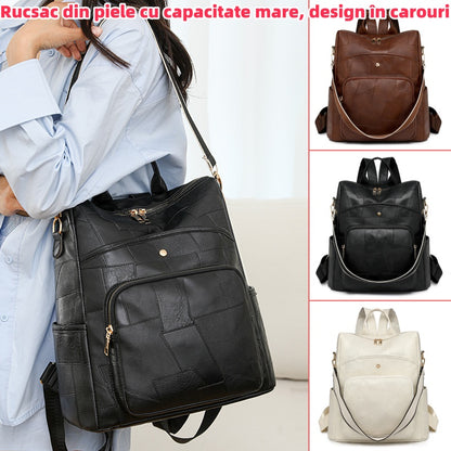 👜👛🌟 Plecak skórzany o dużej pojemności, wzór w kratkę-4080195