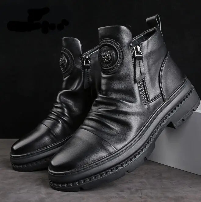 🔥[39-44] Nowe brytyjskie skórzane wysokie buty męskie z grubą podeszwą-3839545
