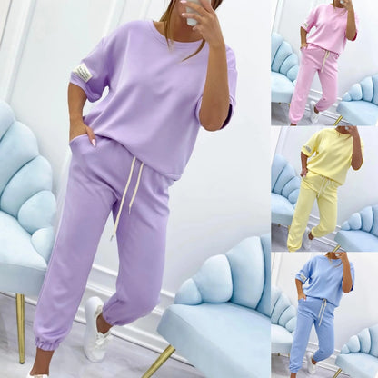 ⏳ Časovno omejena ponudba! ⏰Ženski komplet za prosti čas z enobarvnim zgornjim delom in hlačami-4248012