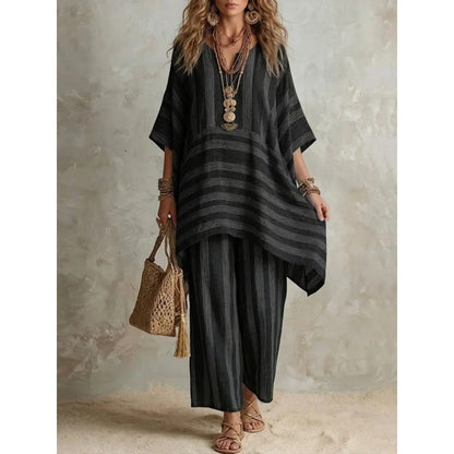 ♥️[S-5XL]✨Stylový a elegantní volný pruhovaný ležérní dvoudílný set s výstřihem do V