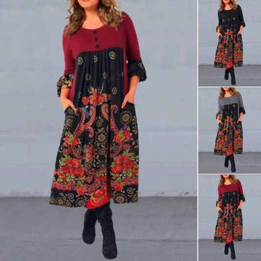 【S-5XL】👗Új őszi és téli retró mintás hosszú ujjú lezser ruha 4144856