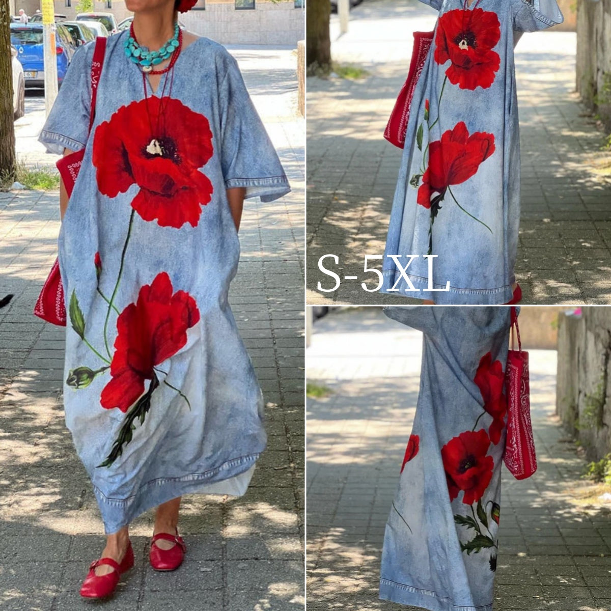 💟👗【S-5XL】Długa sukienka na co dzień z kwiatowym nadrukiem i rozcięciami pod szyją-3680166