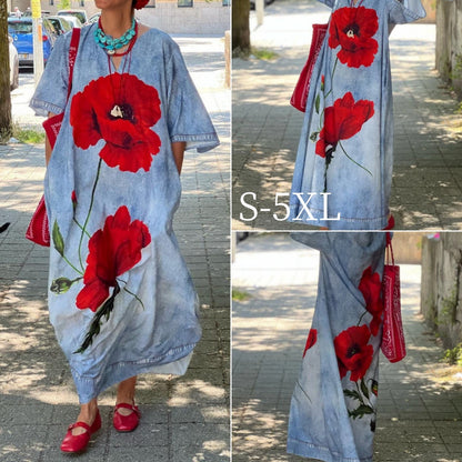 💟👗【S-5XL】Długa sukienka na co dzień z kwiatowym nadrukiem i rozcięciami pod szyją-3680166