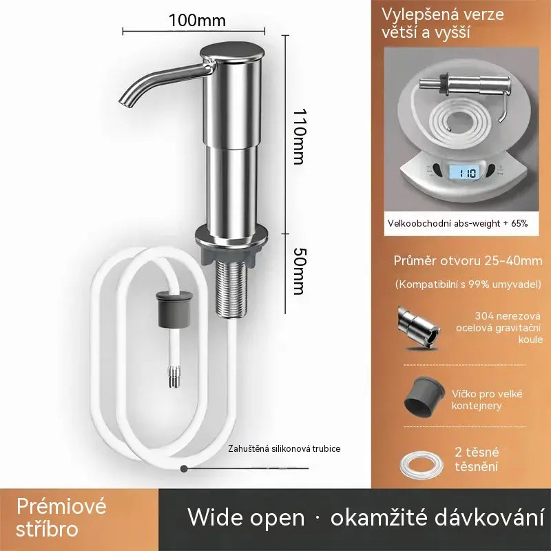 🏠Vestavný dávkovač mýdla a mycího prostředku pro kuchyňský dřez, z prémiové nerezové oceli, s výsuvnou trubicí vedoucí přímo do láhve a gravitační kuličkou 304, rychlé čerpání