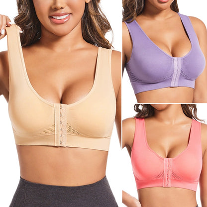 🧘‍♀️👙【Kupte 2, 1 dostanete zdarma】【S-6XL】Sportovní podprsenka s předním zapínáním, bez kostic, s push-up efektem a střihem na zádech