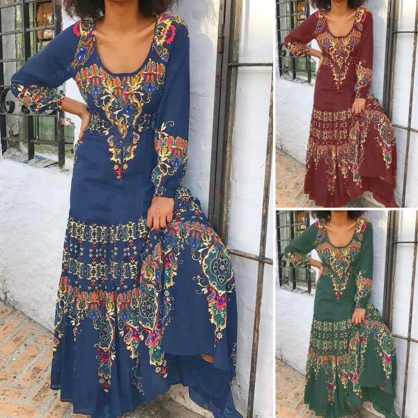 🔥🎉【S-3XL】Vestido de estilo étnico para mujer, nueva moda de invierno 2025, con estampado-4134938