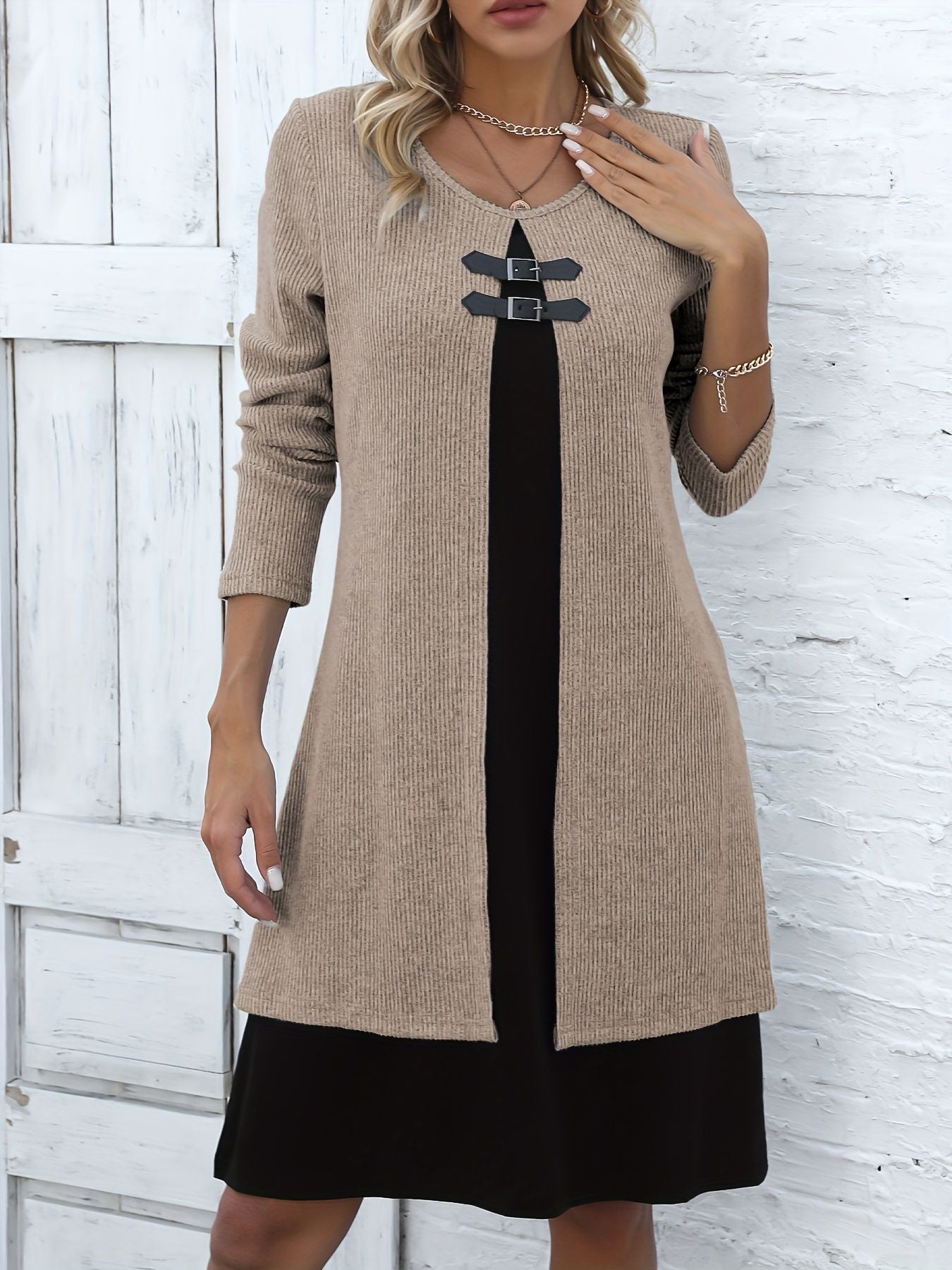 🔥💃【S-3XL】✨✨Nowa modna i elegancka zimowa sukienka sweterkowa w bloki kolorów 4181975