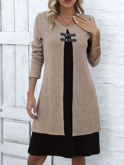 🔥💃【S-3XL】✨✨Nowa modna i elegancka zimowa sukienka sweterkowa w bloki kolorów 4181975