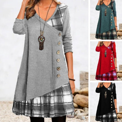 💟【Nowość】👗Nowa elegancka sukienka w kratę z długim rękawem i dekoltem w serek 4162862