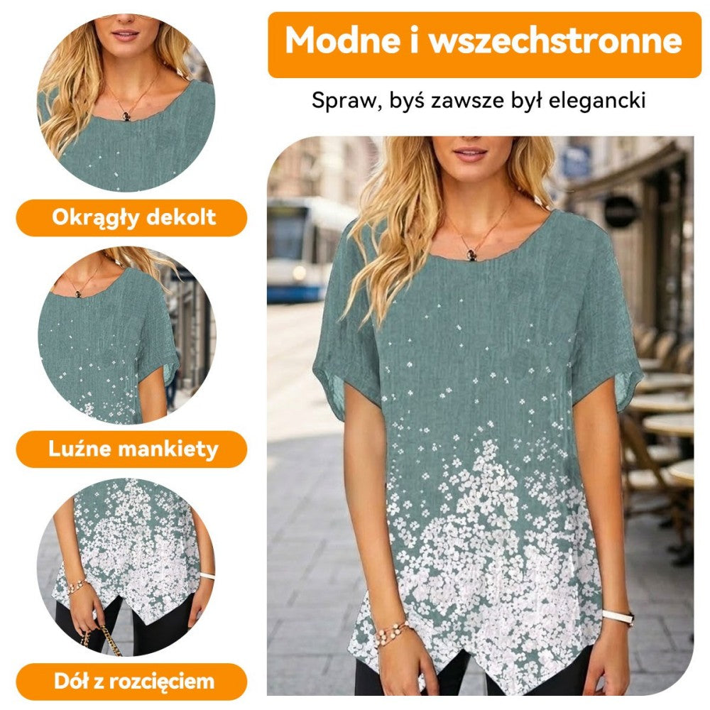 Nowa koszulka z krótkim rękawem, okrągłym dekoltem i rozcięciami u dołu, wykonana z bawełny i lnu, z nadrukiem i dopasowanym krojem-4255669