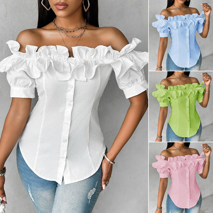 【S-XXL】Asymetryczny, marszczony, warstwowy top z odkrytymi ramionami-3653643