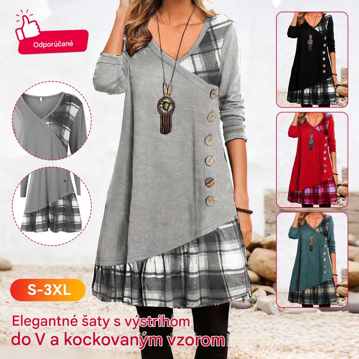 💟【Novo】👗Nova elegantna karo obleka z dolgimi rokavi in V-izrezom 4145729