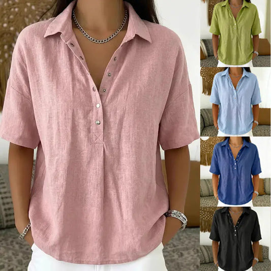 ⏳ Último día, -50%【S–3XL】Camisa mujer de algodón y lino manga corta, corte entallado, transpirable y cómoda, fácil de combinar