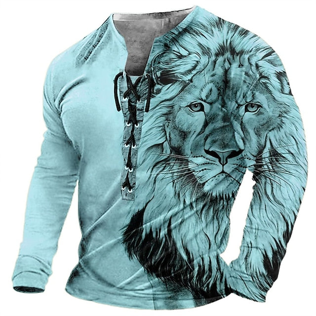 🦁🦁 【S-4XL】Męski, swobodny T-shirt z długim rękawem i nadrukiem 3D 3743368