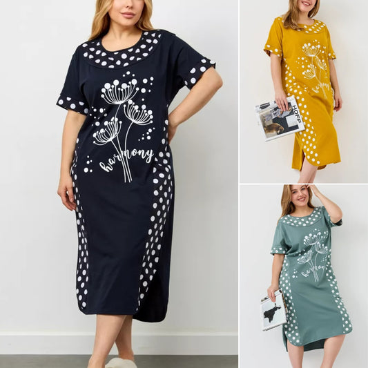 👗【S-5XL】Sukienka bawełniana z krótkim rękawem i okrągłym dekoltem-3943527