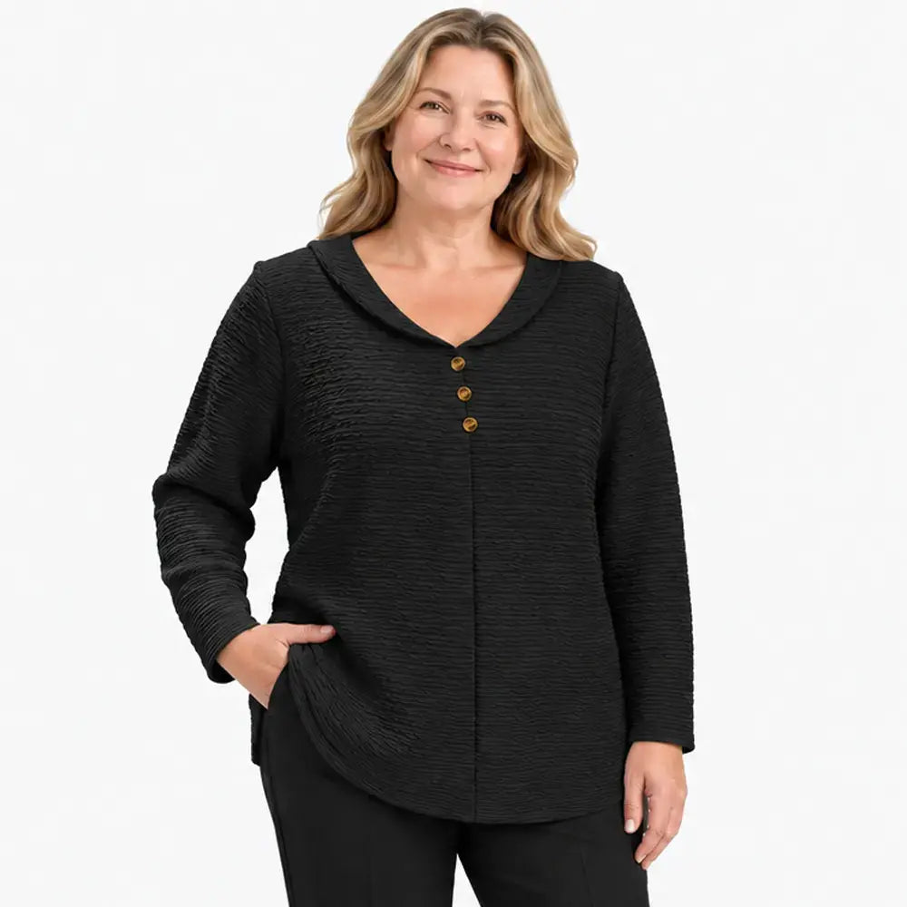 💖💖【XL-5XL】💖 Nový dámský jednobarevný top ve větších velikostech se zapínáním na knoflíky, vyrobený z texturovaného, plisovaného materiálu a doplněný kulatým límečkem.