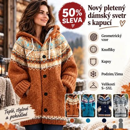 ⭐ 50% SLEVA 🔥 ✨ Nový dámský pletený svetr s kapucí, geometrickým vzorem a zapínáním na knoflíky, ideální na podzim a zimu, velikosti S–5XL.