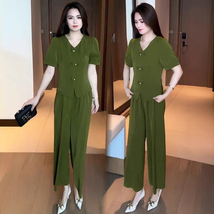 🌸【M-5XL】【Top + kalhoty se širokými kalhotami】Módní oblek z ledového hedvábí