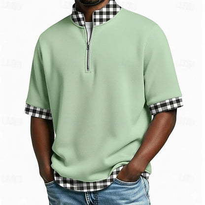 [S-3XL] Polo de manga corta para hombre, de algodón puro — Cuello con media cremallera, diseño de doble capa y costuras a cuadros.