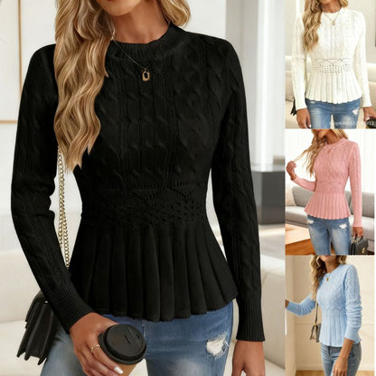🌟【S-2XL】Nowy, retro top z dzianiny kablowej, okrągły dekolt, długie rękawy, dopasowana talia 4204798