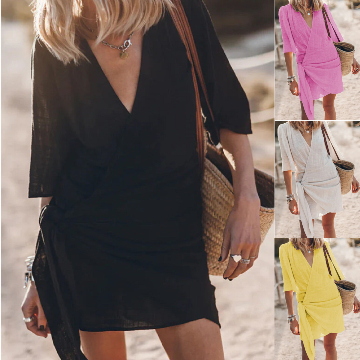 🎀👘【Sleva 50 % 🔥】【S–3XL】💖 Nové letní šaty z bavlny a lnu, volný střih, zavinovací výstřih do V, střední délka (midi)