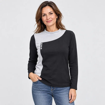 ✨【S-3XL / 6 szín】Színblokkos blúz állógallérral és díszes gombokkal (könnyű termo polár anyag)