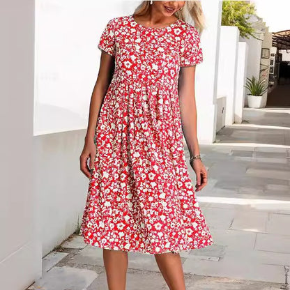 💕💕【Časově omezená nabídka】【S-3XL】Nové letní šaty s krátkým rukávem a kulatým výstřihem s potiskem. Možnost platby na dobírku.