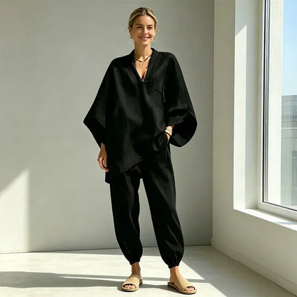 【S-3XL】👗✨ Souprava s volným výstřihem a širokým lemem, netopýřími rukávy, ležérní design, volný střih, ideální pro každodenní nošení - pohodlná a všestranná ✨🌸