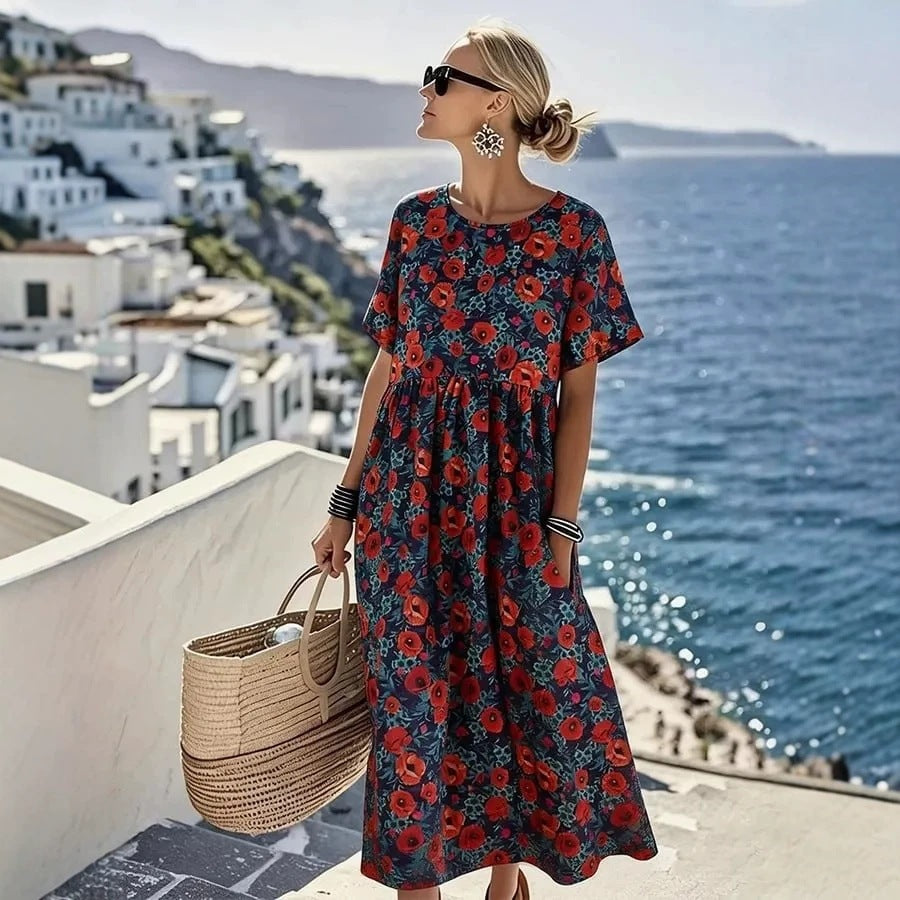 👗【S-4XL】2026 nyári hétköznapi mintás ruha, kerek nyakkal, zsebekkel – Utánvéttel elérhető!
