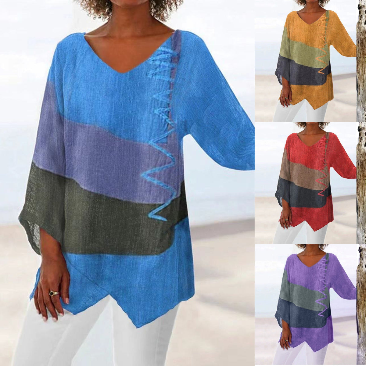 ⏳ Poslední den – sleva 50 % 😍【S~5XL】Dámský elegantní ležérní top s výstřihem do V a dlouhým rukávem, uměleckým vzorem a potiskem-Z