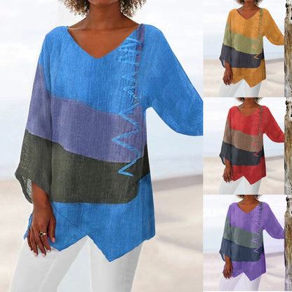 ⏳ Τελευταία μέρα - 50% έκπτωση 😍【S~5XL】Γυναικείο κομψό casual τοπ με V ντεκολτέ και μακριά μανίκια, καλλιτεχνικό σχέδιο και τύπωμα
