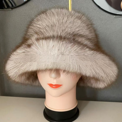 Ciepła damska czapka jesienno-zimowa z dużym rondem i kopułą, futro z lisa-4224357