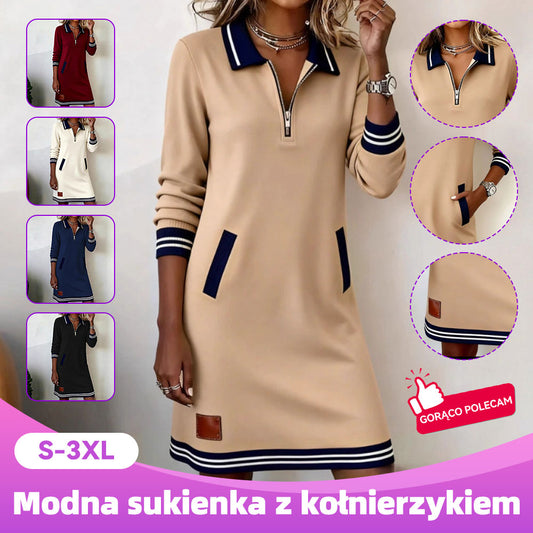 【S-3XL】Nowa zimowa sukienka casualowa w blokach kolorów z kieszeniami 4203127