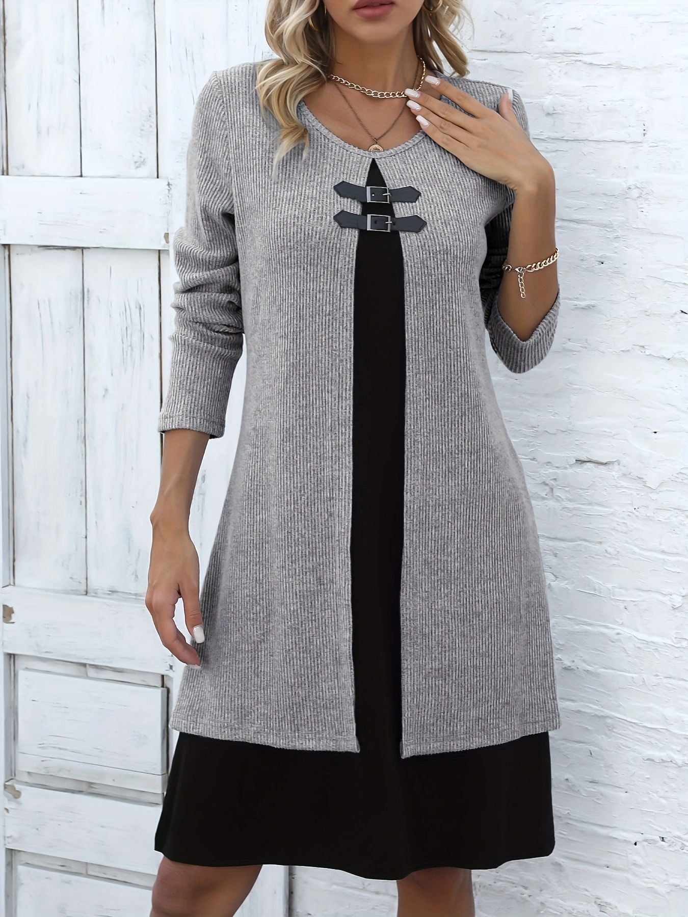 🔥💃【S-3XL】✨✨Nowa modna i elegancka zimowa sukienka sweterkowa w bloki kolorów 4181975