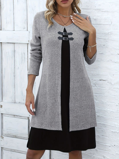 🔥💃【S-3XL】✨✨Nowa modna i elegancka zimowa sukienka sweterkowa w bloki kolorów 4181975