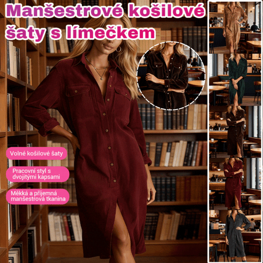 📢📢49% sleva!!! 😍 Stylové manšestrové košilové šaty s dlouhým rukávem a odhalovacím límcem 4187107