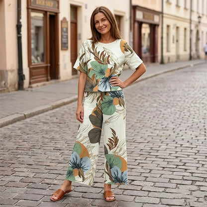 🌸 Dámský letní set – tričko s krátkým rukávem + široké kalhoty, moderní květinový motiv 🌿 Pohodlné, stylové a ideální na léto! ✨