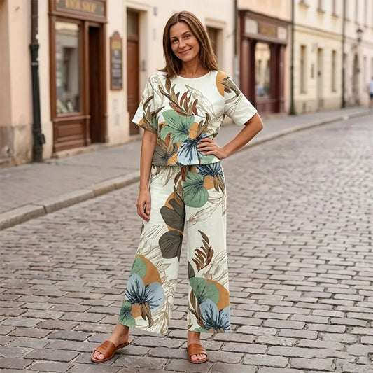 🌸 Dámský letní set – tričko s krátkým rukávem + široké kalhoty, moderní květinový motiv 🌿 Pohodlné, stylové a ideální na léto! ✨