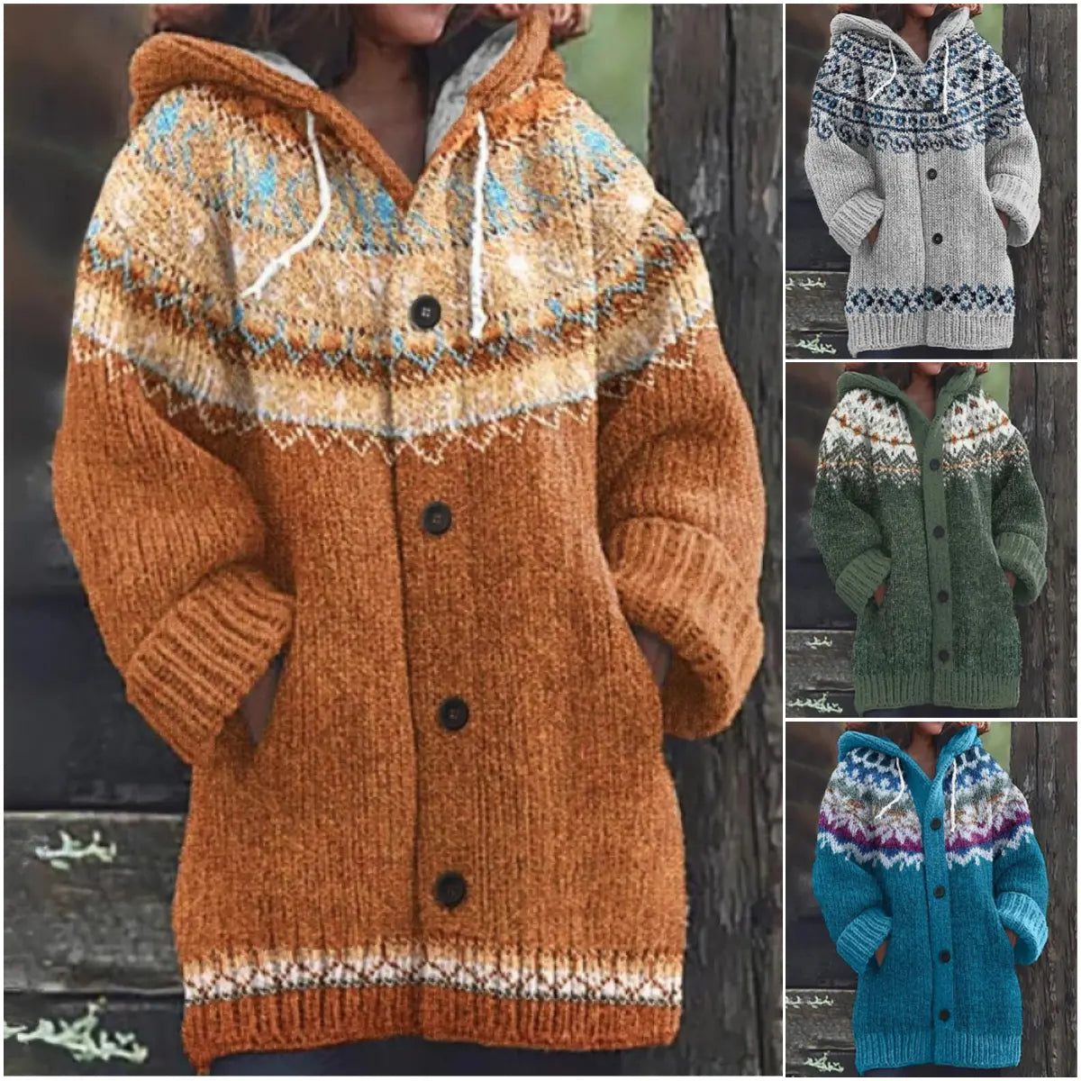 ⭐ 50% SLEVA 🔥 ✨ Nový dámský pletený svetr s kapucí, geometrickým vzorem a zapínáním na knoflíky, ideální na podzim a zimu, velikosti S–5XL.