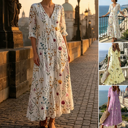 👗【S-3XL】Modna poletna obleka z V-izrezom, zračna in udobna, vitka.