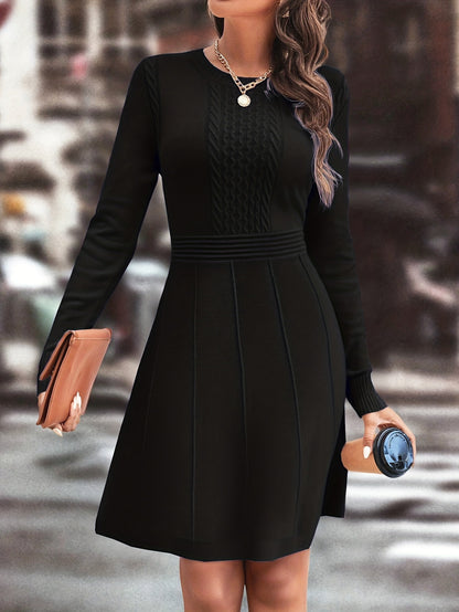🍁🍂Damska sukienka dzianinowa na jesień/zimę, elegancka i prosta, jednokolorowa sukienka dzianinowa o dopasowanym kroju i okrągłym dekolcie-4195576