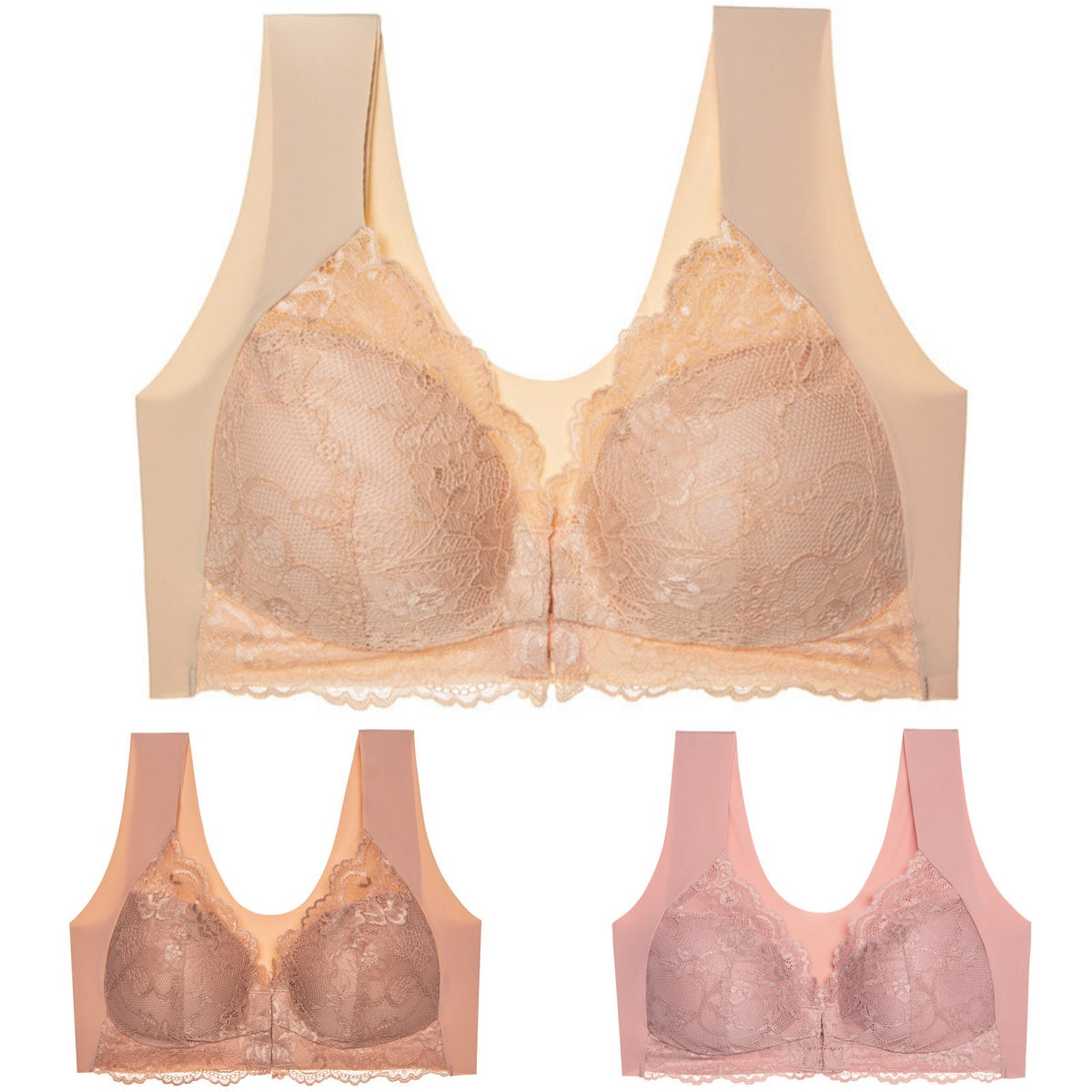 ✨【3dílná sada】Sexy podprsenka pro plnoštíhlé s předním zapínáním – bez kostic s krásným designem na zádech